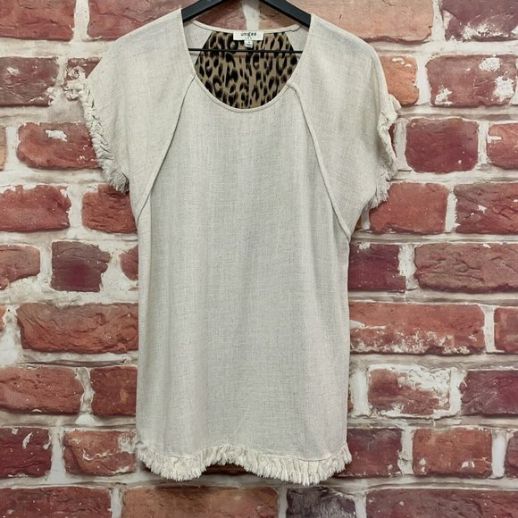 Umgee Tops - UMGEE WOMEN'S CREAM & BROWN MULTICOLOR LEOPARD ANIMAL PRINT FRINGE BLOUSE